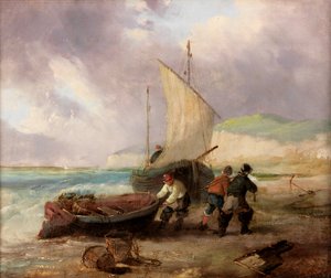 Escena Costera con Barcos de Pesca